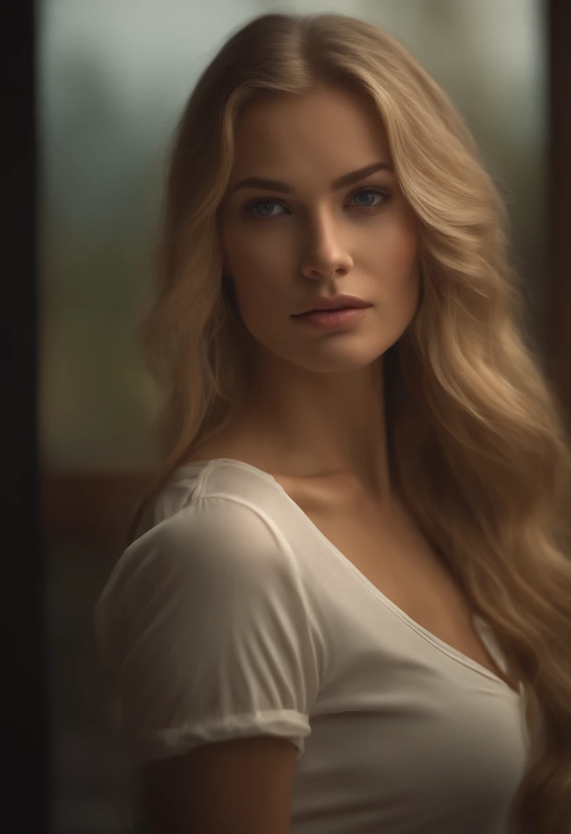 professional, (4k photo:1.1) by (Jeremy Lipking:0.3), (Dittmann Anna:0.3), (Arian Mark:0.3), (Sharp focus:1.3), high detail, wearing (tight shirt:1.2), beautiful detailed face, hazel eyes, long blonde hair, (attractive young woman:1.3), (seductive:1.1), (blushing:1.1), hourglass body shape, small round breasts, wide hips, in Closed Room