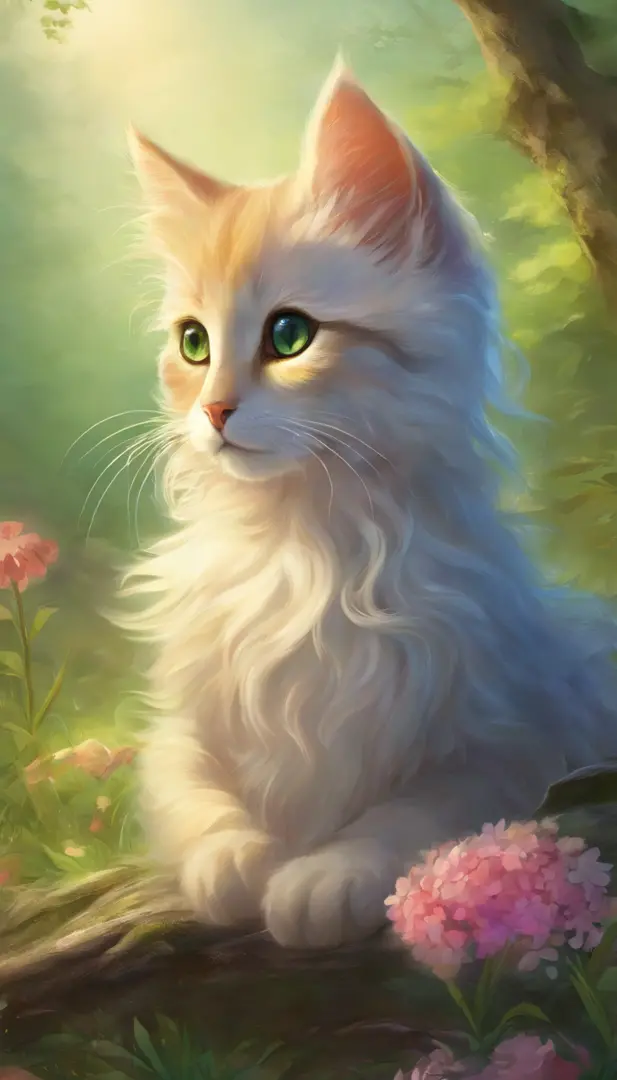 Best Quality,Ultra-detailed,Realistic,Photorealistic:1.37,Little kitten, Big eyes, park bench, fluffy fur, curious expression, warm sunlight, peaceful ambiance, Green grass, vivid flowers, Distant trees々, gentle wind, tranquil surroundings, Soft shadows, p...