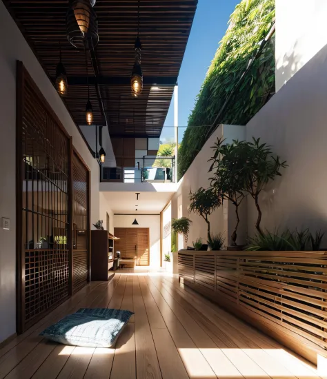 Uma foto do jardim interior, Jardim Zen, areia, bambu, architecture visualisation, Lightwood