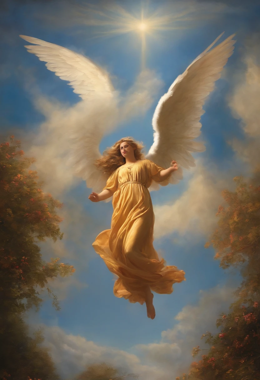 An angel flying through the sky with a halo above it - SeaArt AI