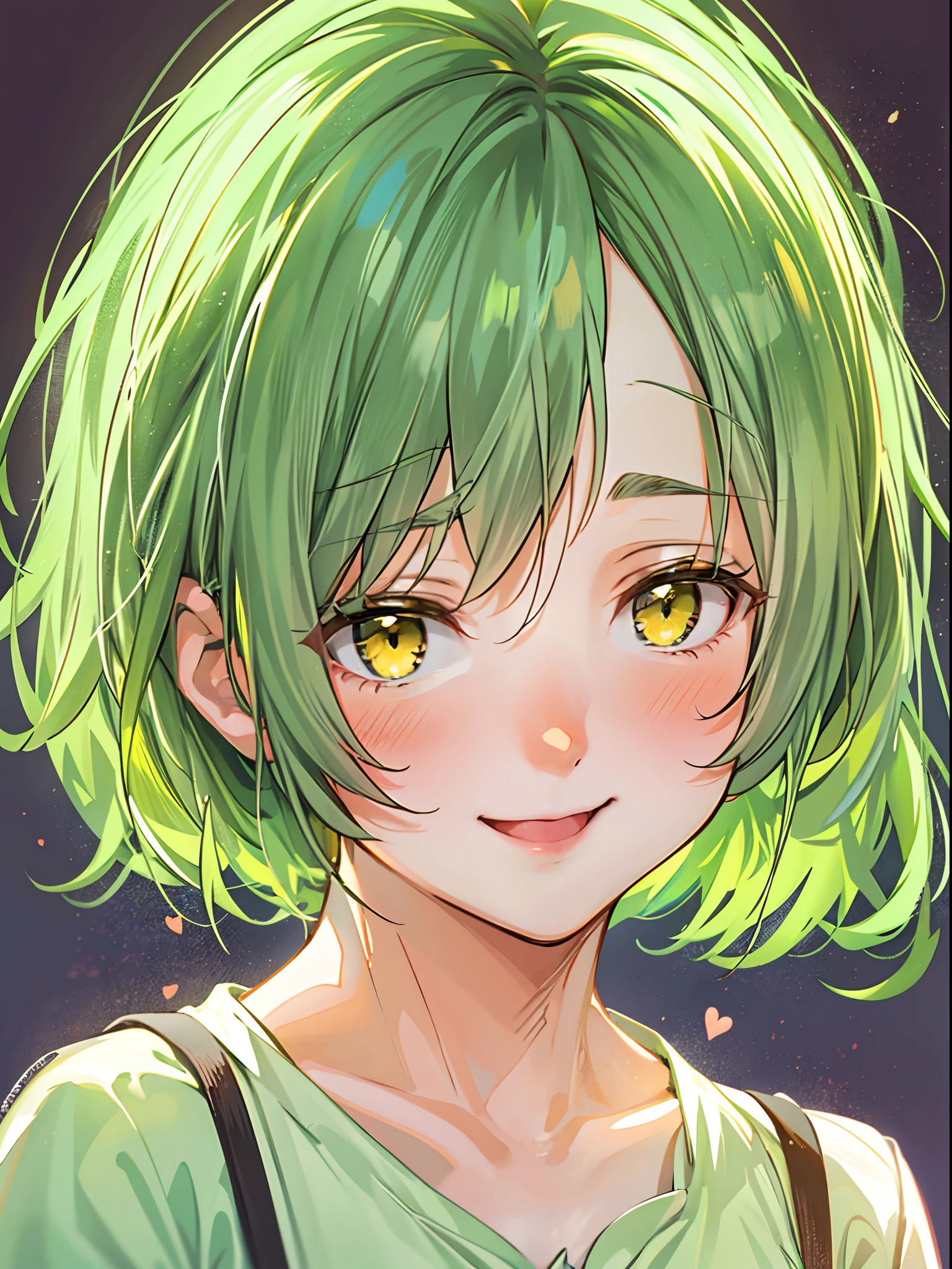 a beauty girl，Yellow-green hair，bobhair、short-hair、Gentle drooping eyes，large full breasts、Uniforms，Manga style，fulcolor，hi-school girl，Calm and gentle face，Big smile、innocent smiles