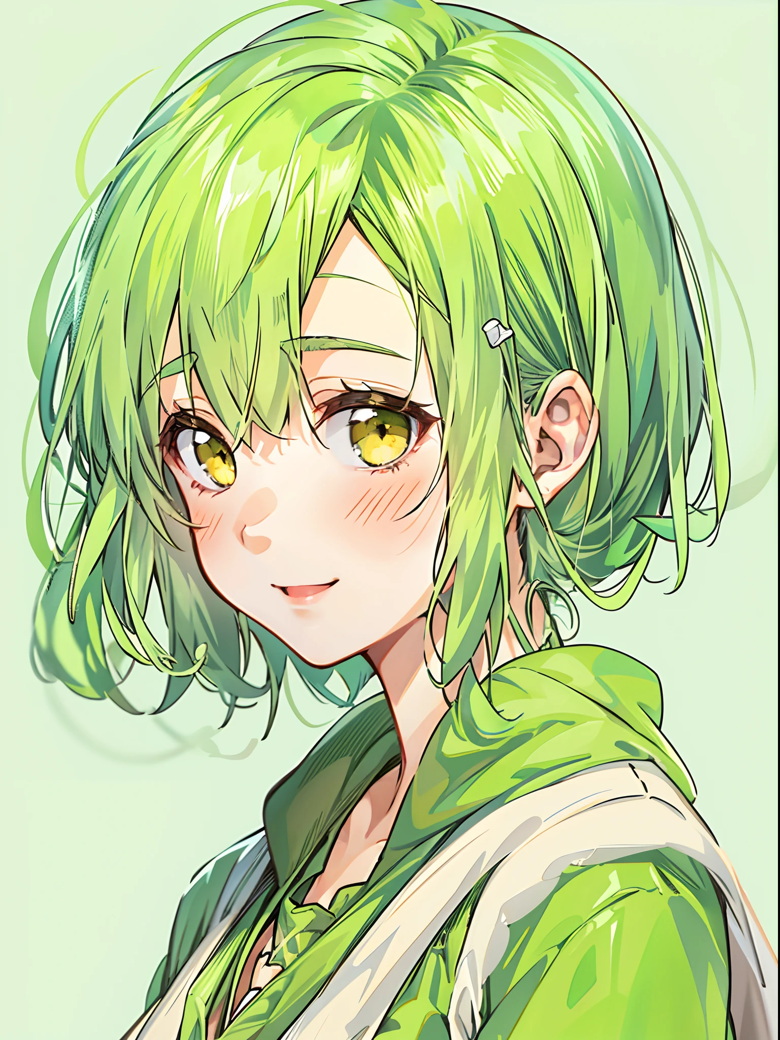 a beauty girl，Yellow-green hair，bobhair、short-hair、Gentle drooping eyes，large full breasts、Uniforms，Manga style，fulcolor，hi-school girl，Calm and gentle face，Big smile、innocent smiles