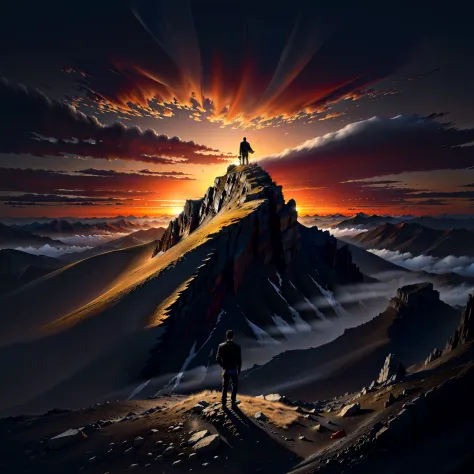 Image of Arafard of a man standing on a hill，The background is sunset, a wanderer on a mountain,  dark mountains，Matte black
