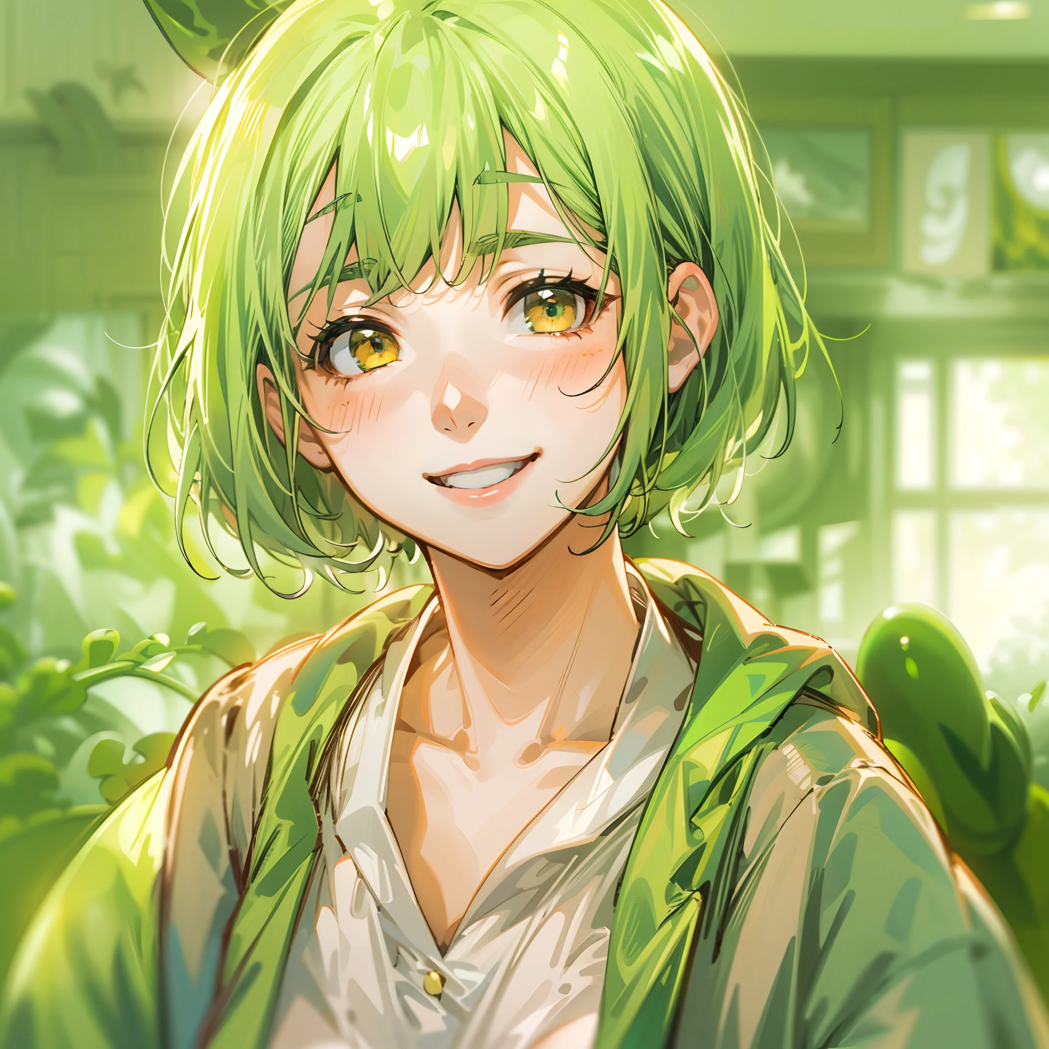 a beauty girl，Yellow-green hair，bobhair、short-hair、Gentle drooping eyes，large full breasts、Uniforms，Manga style，fulcolor，hi-school girl，Calm and gentle face，Big smile、innocent smiles、Edamame ears