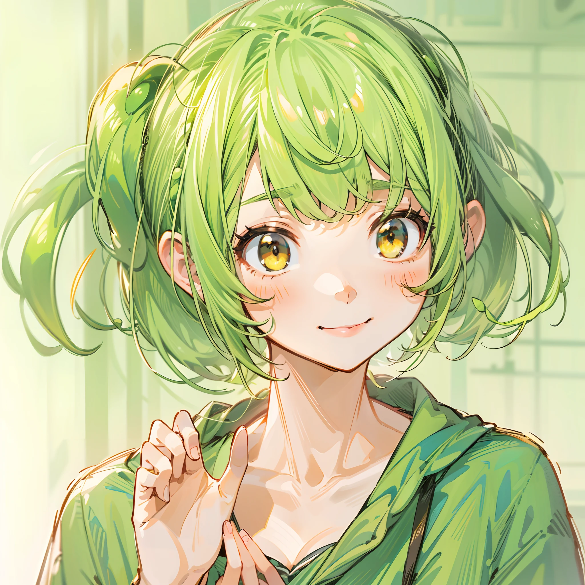 a beauty girl，Yellow-green hair，bobhair、short-hair、Gentle drooping eyes，large full breasts、校服，Manga style，fulcolor，hi-school girl，Calm and gentle face，Big smile、innocent smiles、Edamame ears