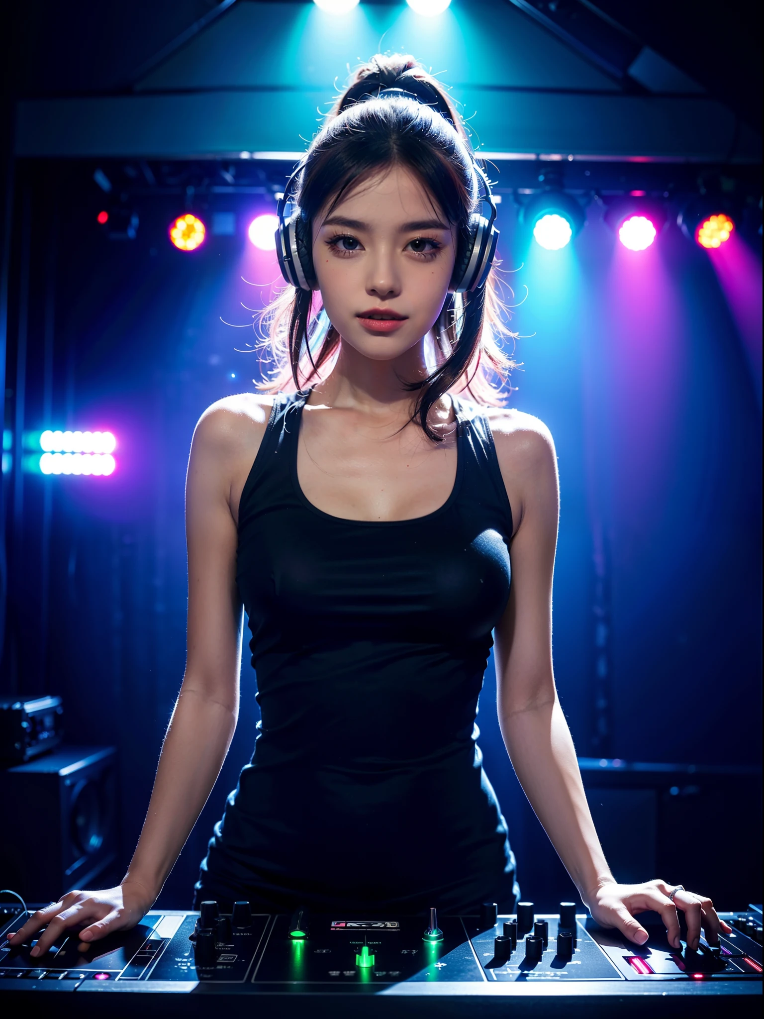 (best quality,4k,8k,highres,masterpiece:1.2),ultra-detailed,(realistic,photorealistic,photo-realistic:1.37),A girl DJ with musical instruments,vibrant colors,studio lighting,bokeh,detailed face expression,dynamic pose,futuristic headphones,energetic dance floor,professional equipment,electric atmosphere,dancing crowd,strobing lights in the background,shining stage,sparkling disco ball,playful and lively mood,smoke machine,superb sound system,laser effects,jumping bass,electronic beats,clubbing theme,vivid colors,neon lights.
