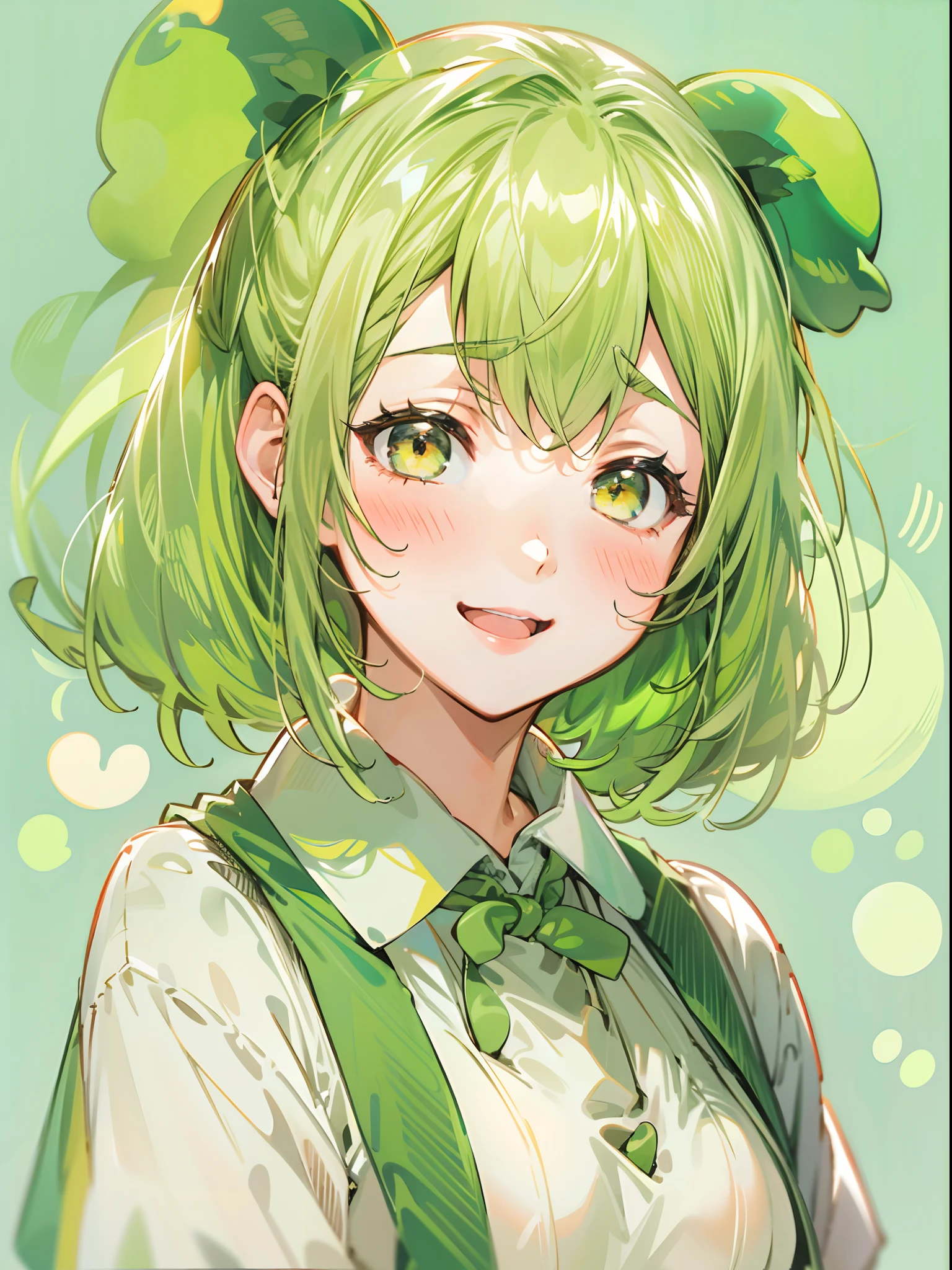 a beauty girl，Yellow-green hair，bobhair、short-hair、Gentle drooping eyes，large full breasts、Uniforms，Manga style，fulcolor，hi-school girl，Calm and gentle face，Big smile、innocent smiles、Edamame ears, Edamame ears、