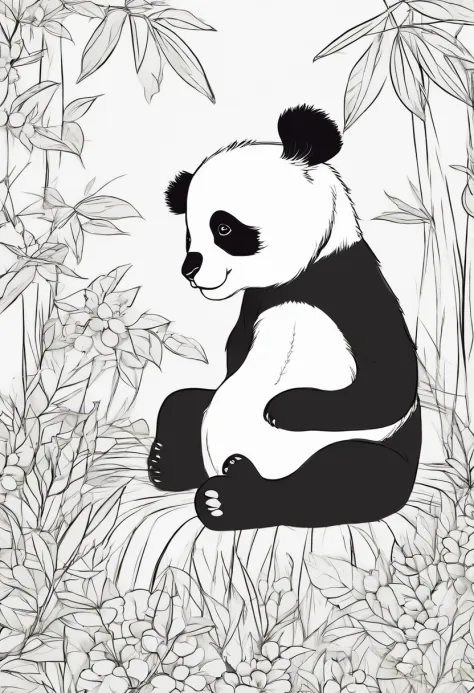 Por favor, Create a coloring picture of an adorable panda sitting in a grove. The panda should be surrounded by green trees and bamboos, with wildflowers scattered on the ground. The panda should have simple strokes and thick lines to make it easier to fil...