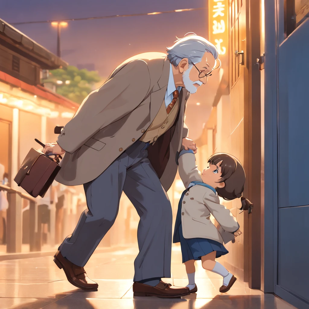 Anime characters are walking down a street with luggage and a man - SeaArt  AI