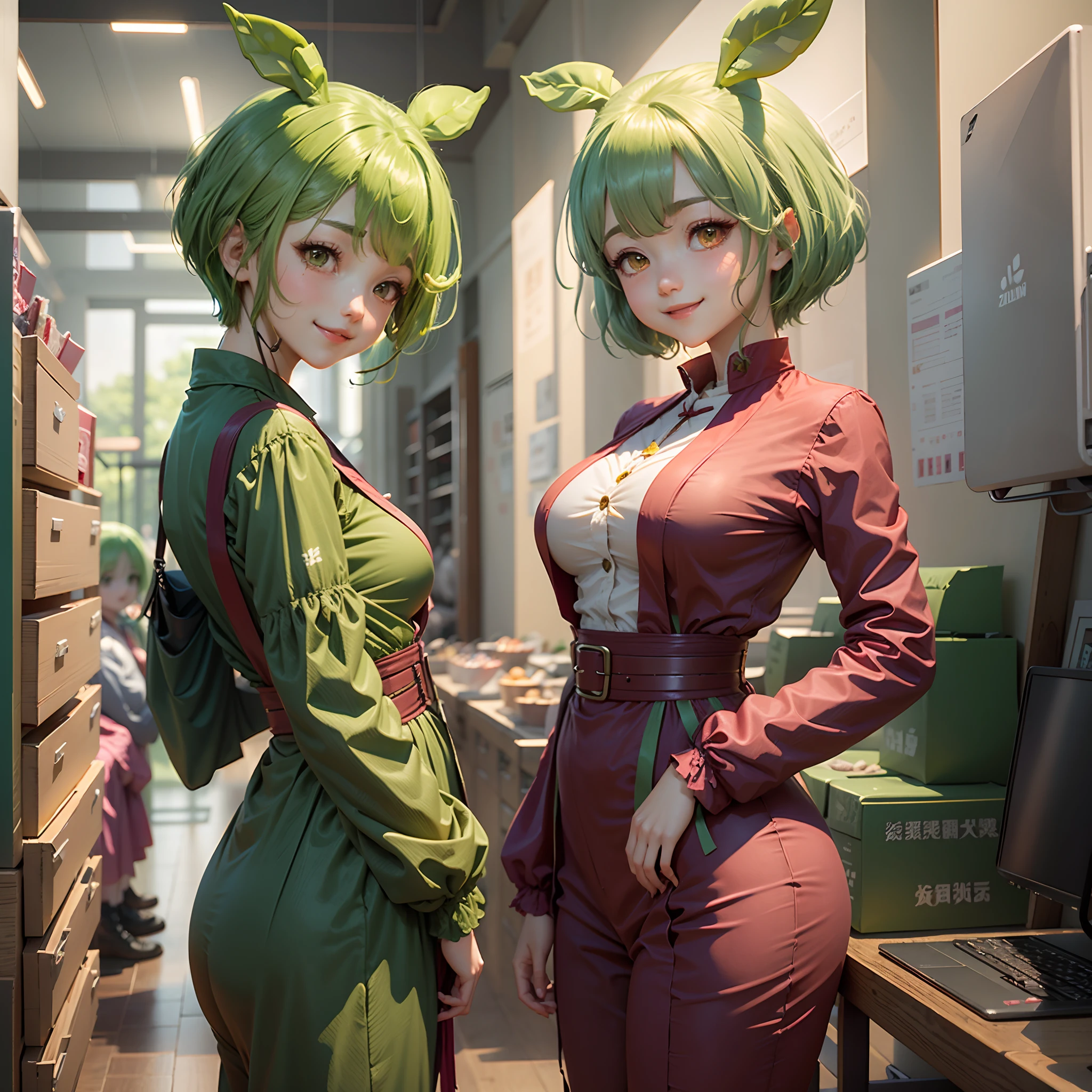 a beauty girl，Yellow-green hair，bobhair、short-hair、Gentle drooping eyes，large full breasts、Uniforms，Manga style，fulcolor，hi-school girl，Calm and gentle face，Big smile、innocent smiles, Zundamon、green colored hair