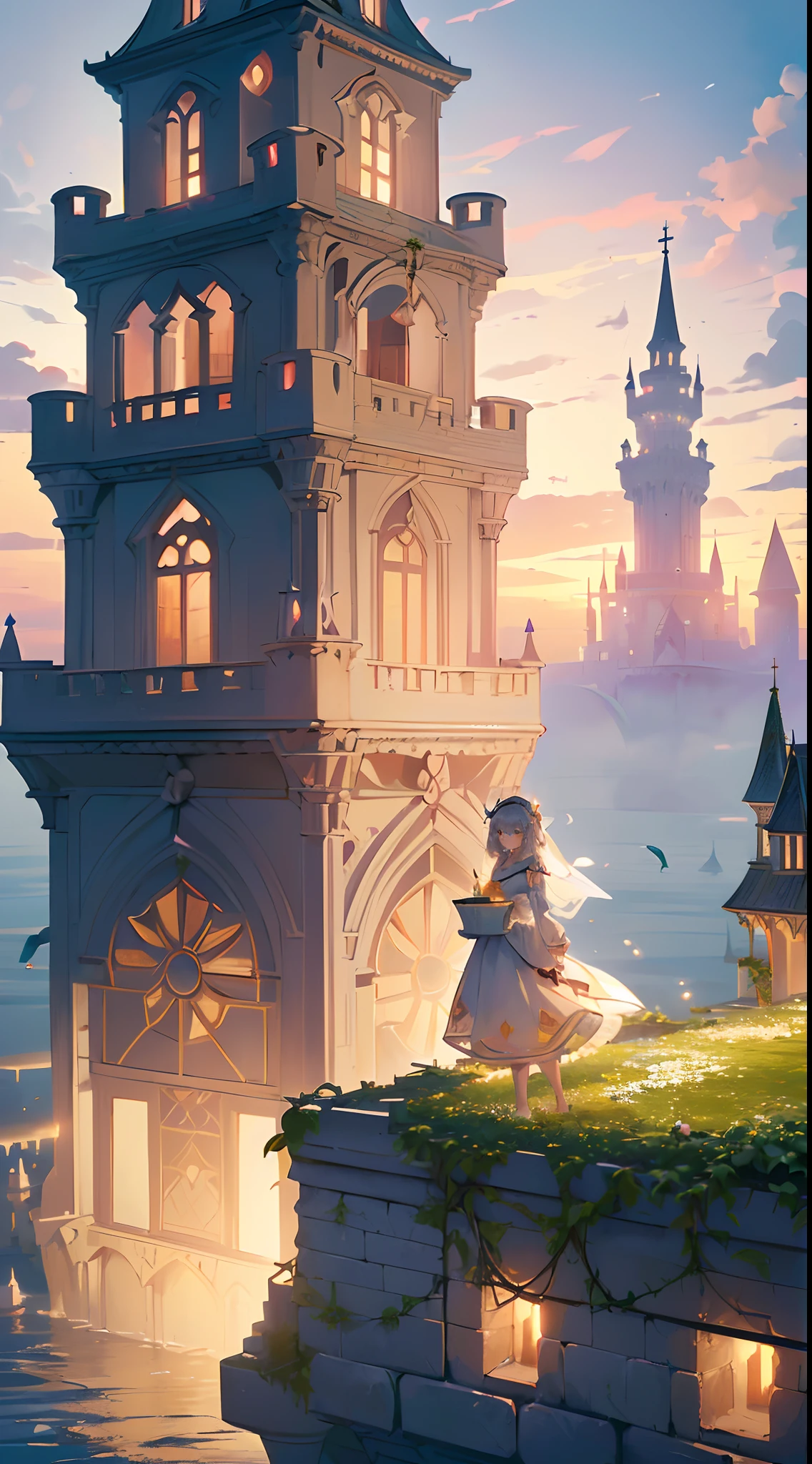 (Extremely detailed floating city:1.3), ((1 detailed mirage castle floats on it
cloud)and(Detailed buoy spire illusion, Detailed floating bell tower
fantasy)and(Highly transparent mirage)and(Detailed view of the base
Mirage Castle)),Ultra-detailed,extremely detailed and beautiful, Sky and white
Cloud and sunset glow background,Ultra-fine bird, (Floating city in bloom, Floating petals, A garden in bloom in the sky, Many vines on the wall:1.2)
imagination, Dream
/=
(Girl inside the floating city:1.3), (1 girl away from the camera:1.2), (Ultra-wide angle
lens), (back), Behind the head, Holy light, White dress, (full bodyesbian), Bare feet, (Backless dress), Solo