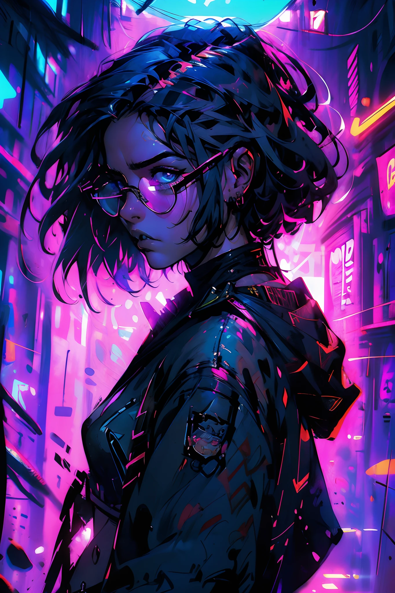 portrait très détaillé de halo, yeux bleus, tour de cou de lunettes,  cheveux bicolores, par Greg Rutkowski, par Greg Tocchini, par James Gillard, par Joe Fenton, par Kaethe boucher, violet dégradé, noir, schéma de couleurs marron et magenta, esthétique grunge!!!