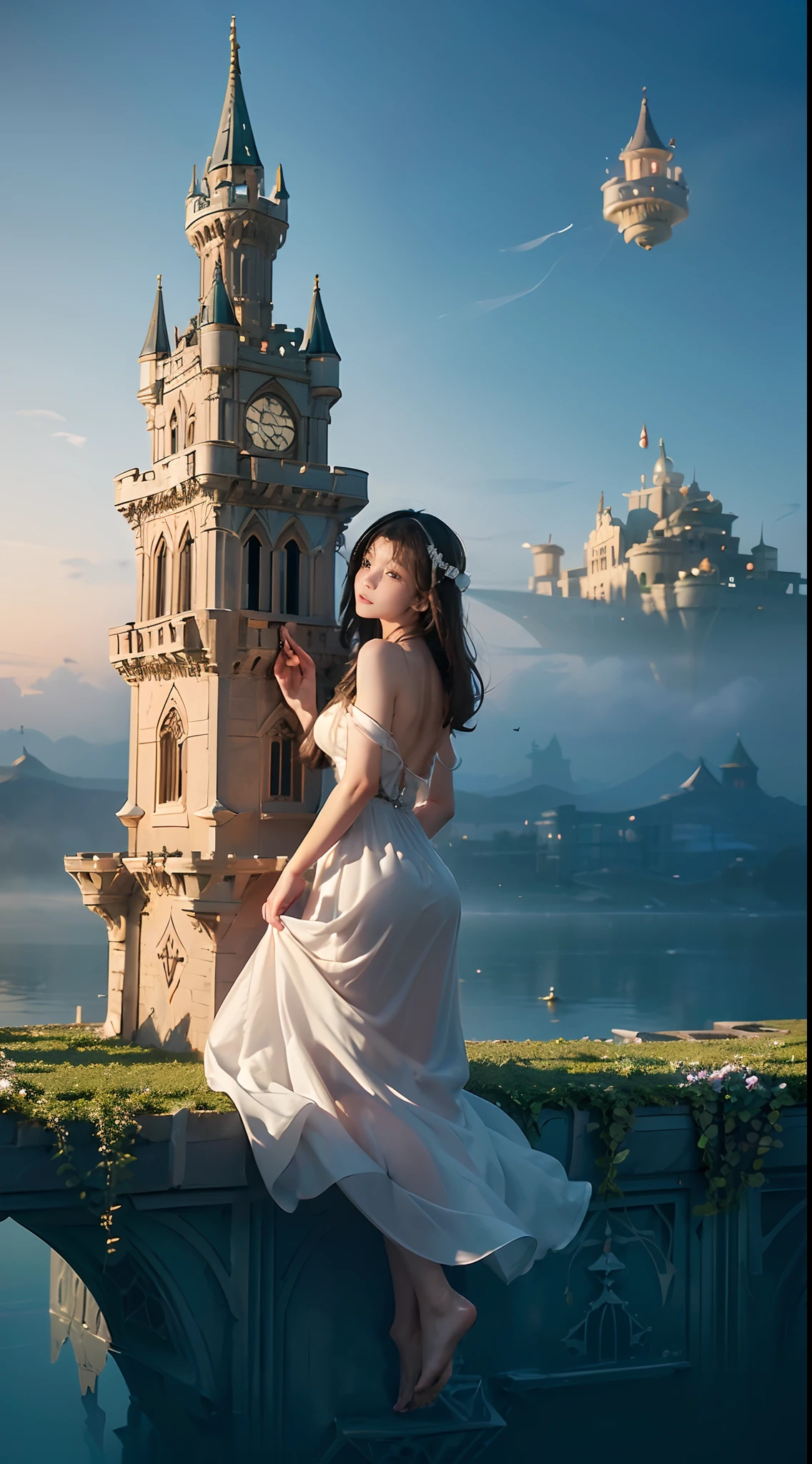 (Extremely detailed floating city:1.3), ((1 detailed mirage castle floats on it
cloud)and(Detailed buoy spire illusion, Detailed floating clock tower
fantasy)and(Highly transparent mirage)and(Detailed view of the base
Mirage Castle)),Ultra-detailed,extremely detailed and beautiful, Sky and white
Cloud and sunset glow background,Ultra-fine bird, (Floating city in bloom, Floating petals, A garden in bloom in the sky, Many vines on the wall:1.2)
imagination, Dream
/=
(Girl inside the floating city:1.3), (1 girl away from the camera:1.2), (Ultra-wide angle
lens), (back), Behind the head, Holy light, White dress, (full bodyesbian), Bare feet, (Backless dress), Solo