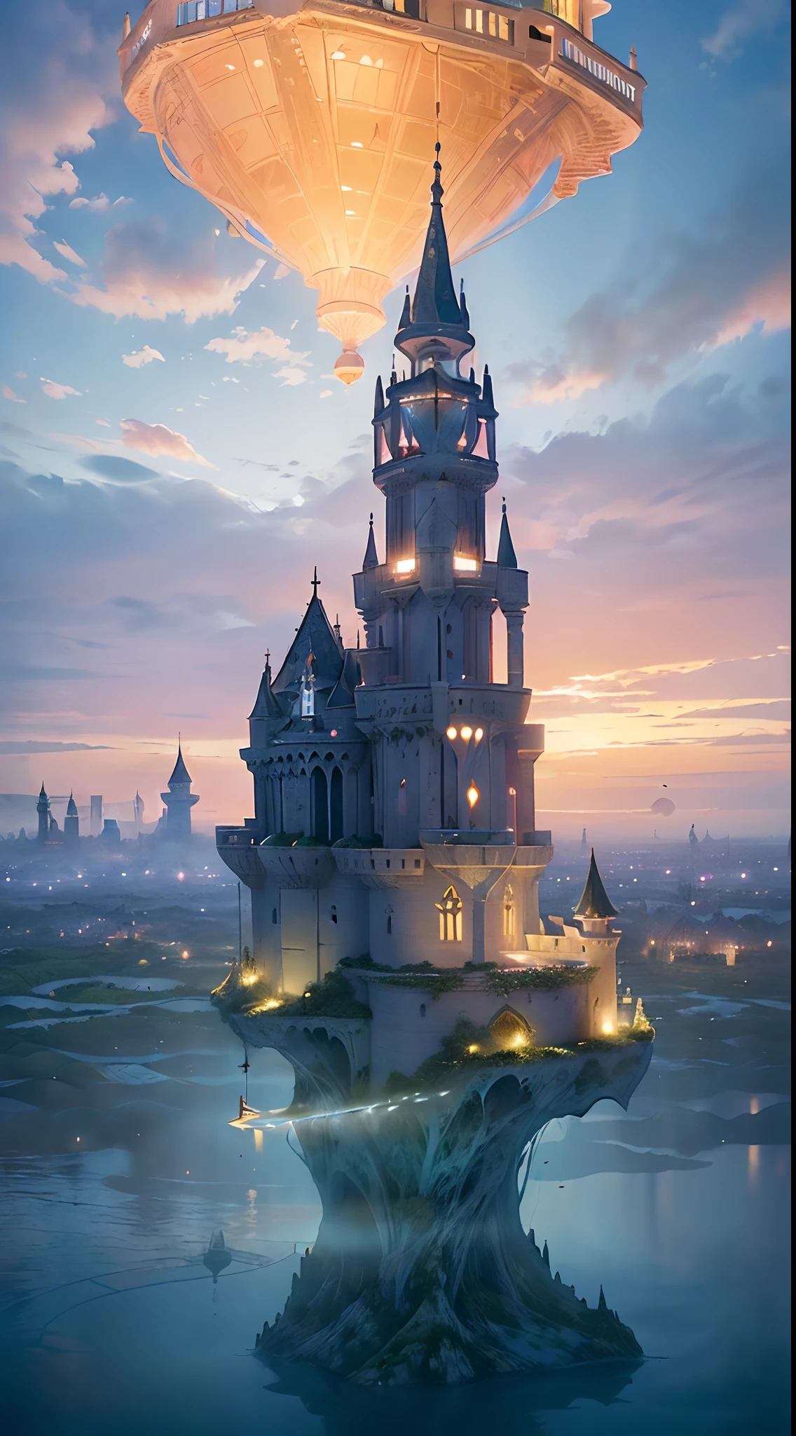 (Extremely detailed floating city:1.3), ((1 detailed mirage castle floats on it
cloud)and(Detailed buoy spire illusion, Detailed floating clock tower
fantasy)and(Highly transparent mirage)and(Detailed view of the base
Mirage Castle)),Ultra-detailed,extremely detailed and beautiful, Sky and white
Cloud and sunset glow background,Ultra-fine bird, (Floating city in bloom, Floating petals, A garden in bloom in the sky, Many vines on the wall:1.2)
imagination, Dream
/=
(Girl inside the floating city:1.3), (1 girl away from the camera:1.2), (Ultra-wide angle
lens), (back), Behind the head, Holy light, White dress, (full bodyesbian), Bare feet, (Backless dress), Solo