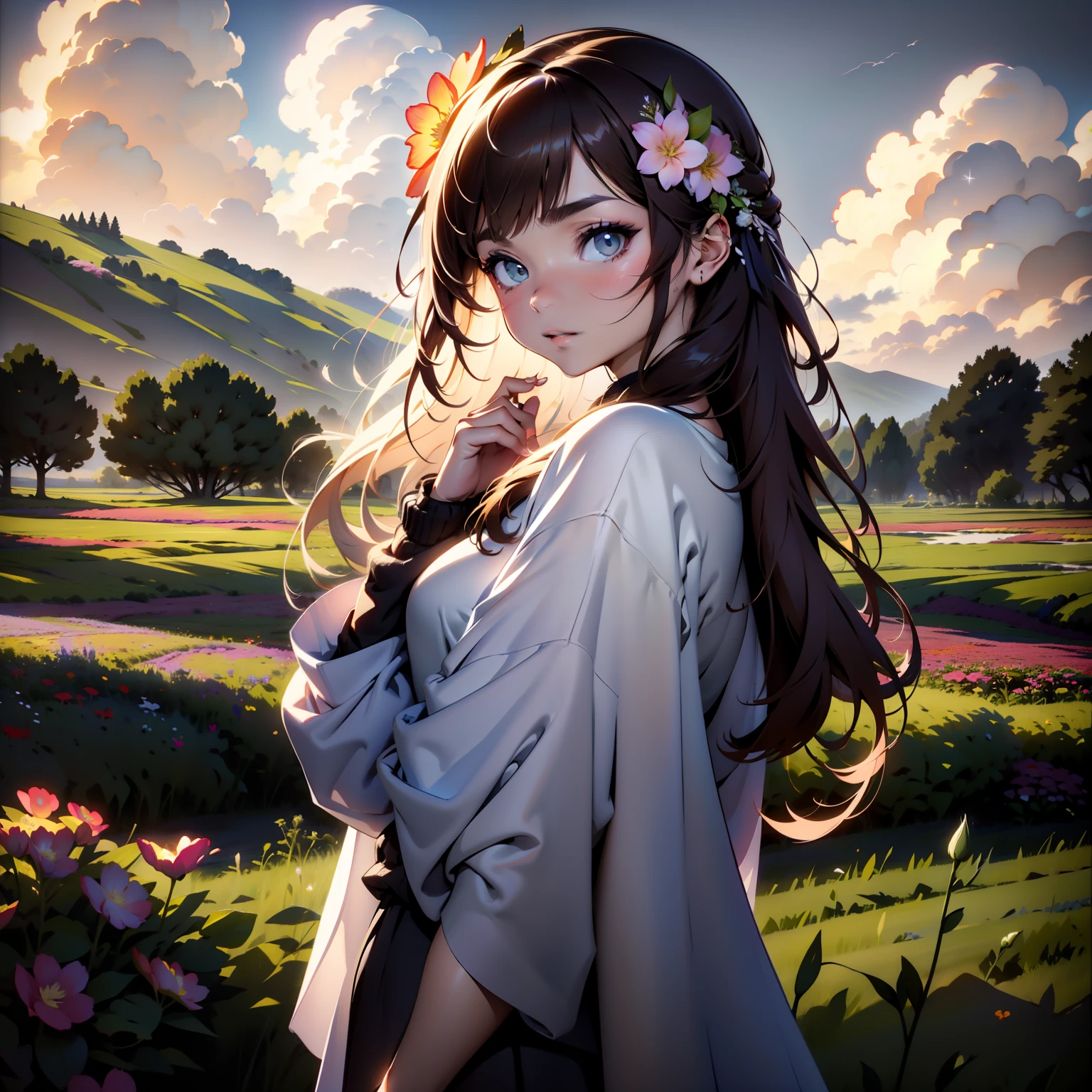 (​masterpiece:1.2、top-quality)、Anime style、intricate detailes、1girl in、Light brown eyes:1.5、beautiful brown long-haired、Silky straight hair、Twilight Look、Long Grey Poncho、(((plein air、flower  field、colorful flower々)))、Natural light、blue open sky:1.5、cumulonimbus clouds、