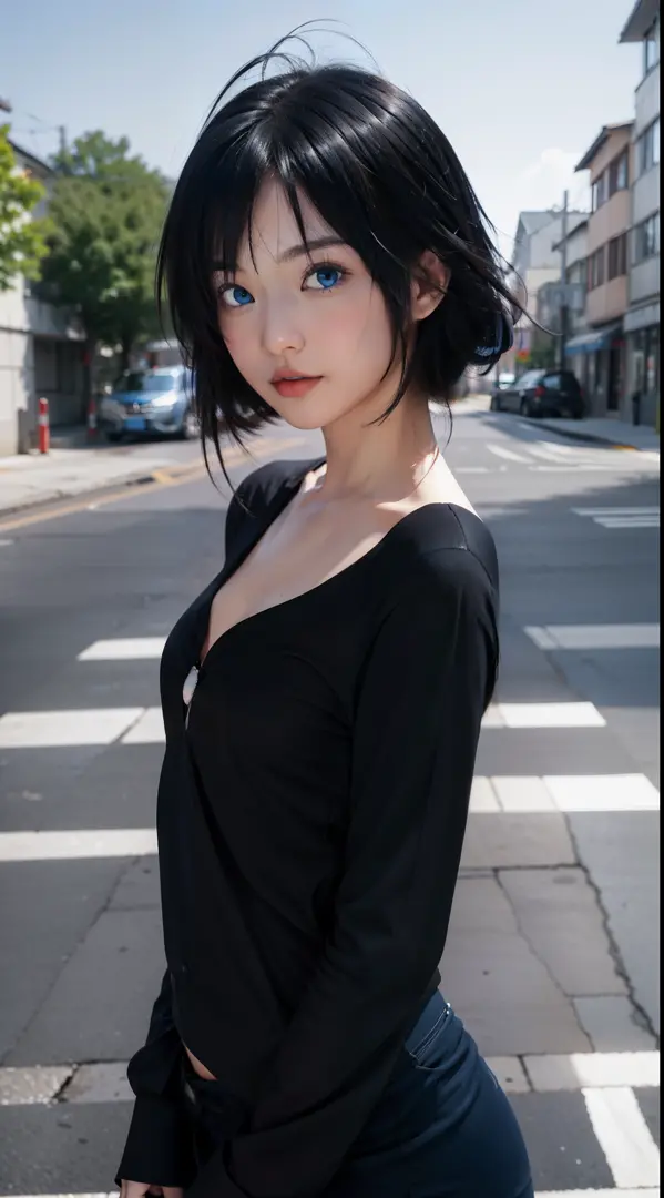 high res, masterpiece,Rikka Takanashi, black hair, solo, 1girl,outside,deatailed background, detailed eyes, ((blue eyes)), eyepa...