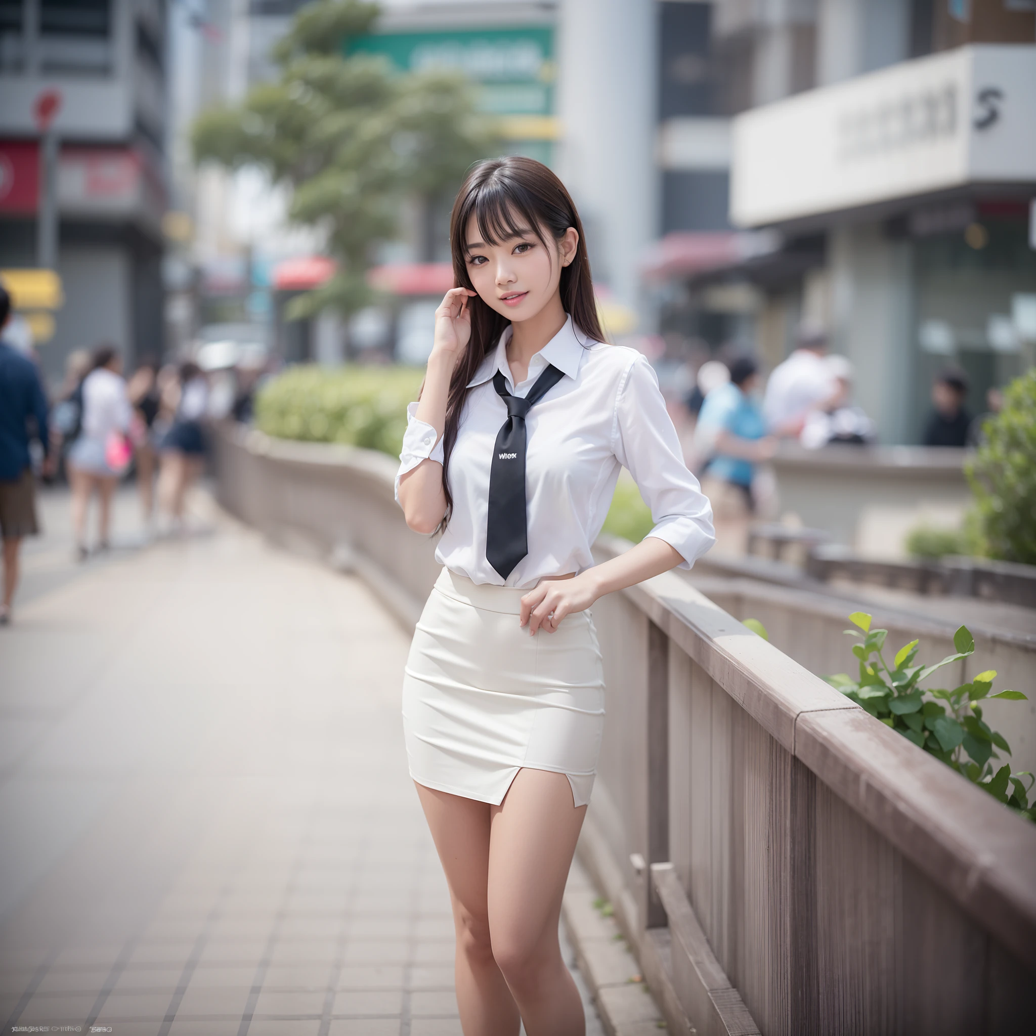 Attractive woman standing in white collared shirt and tight skirt in the city、Asian woman smiling at Alafe,、Young Pretty Gravure Idol, Young skinny gravure idol, Realistic Young Gravure Idol, Young Sensual Gravure Idol, Photorealistic: 1.5、japanes, drooping eyes: 1.3, Perfect proportions, Portrait, ((Nikon Student) (Photo)) (8K, FujifilmXT3, masutepiece, ((Real Skin)) (No retouching, Lip gloss, False eyelashes, Real Skin, Highest Quality, Ultra-high resolution, depth of fields, chromatic abberation, Caustics) , Wide Lighting, Natural Shading))