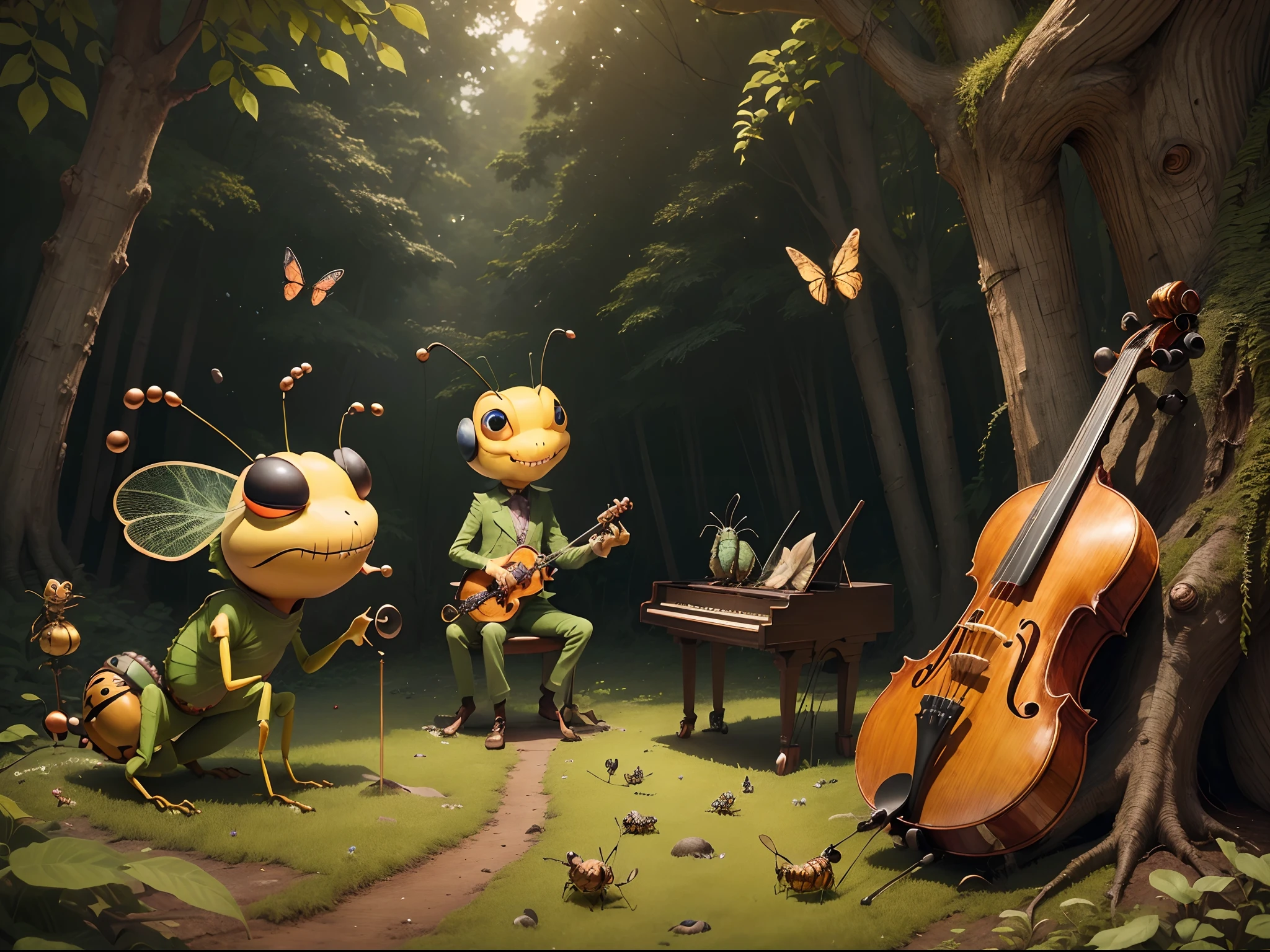 (Best Quality:1.2),8K,Careful details,Extremely detailed,Top resolution,(Insect Orchestra:1.2), In the forest, Sitting on a stump, band, Suzumu playing the violin、flute, piano, Insects playing musical instruments, score, melodic, Conductor Grasshopper, butterfly, SUI, Bellworm, cricket, frog,(Anthropomorphic insect:1.5)