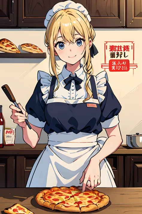 (masuter piece,Best Quality,Ultra-detailed), (A detailed face),Cover of a cooking magazine,1girl in,a blond,Aimei,age19,cute little,Warm smile,Pizza chef,Floral apron,foods,Texto,advertisement,magazine title