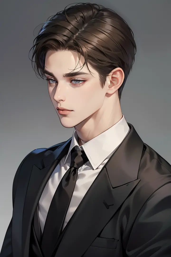 masterpiece, best quality, realistic, ((1male)), mature male, quiet and charming young man, 25 years old, close his eyes, serious, closed mouth, extremely detailed face, cold, ((dark grey eyes)), ((short-right-swept dark brown hair)), [thick eyebrows], maf...