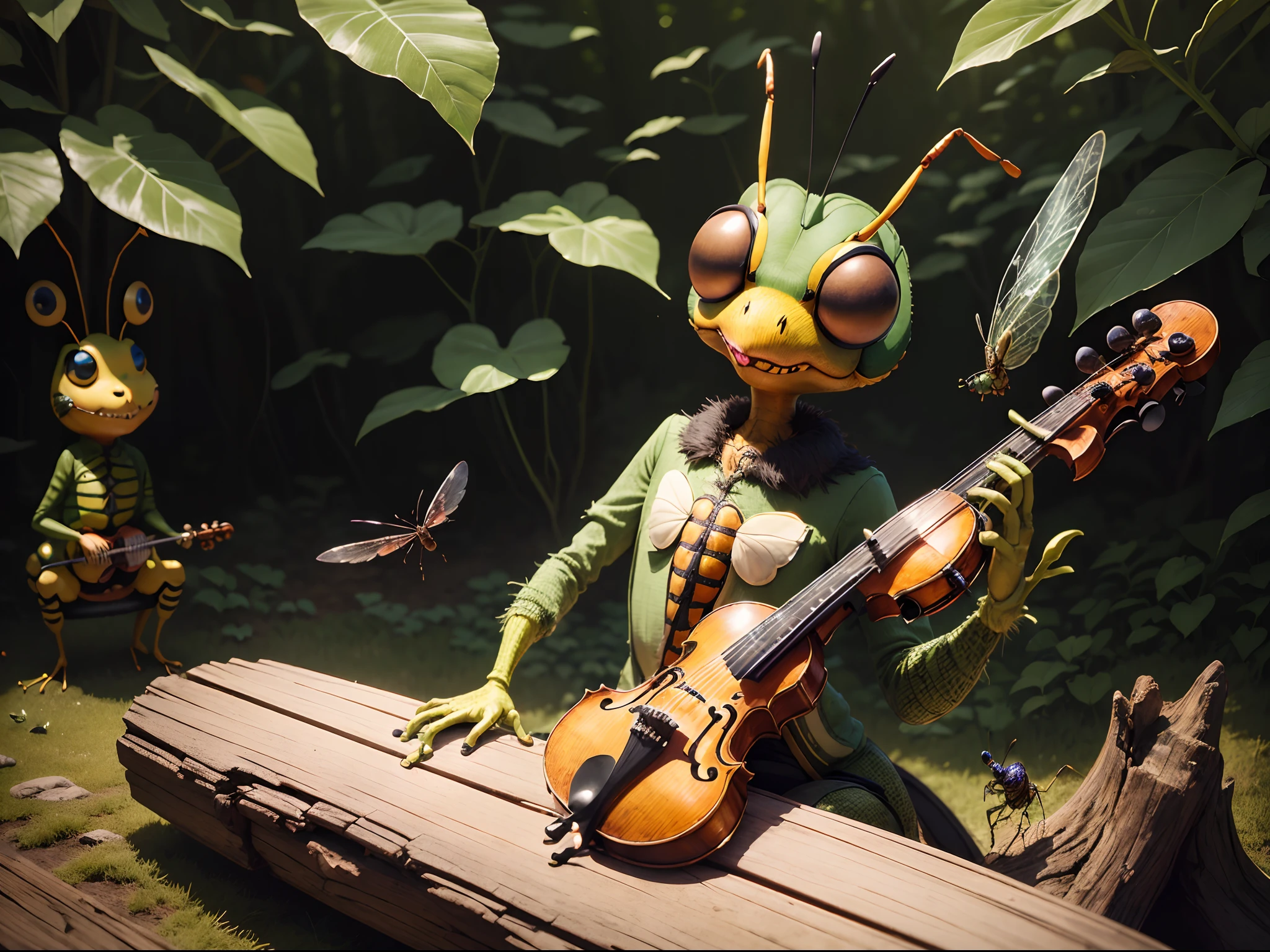 (Best Quality:1.2),8K,Careful details,Extremely detailed,Top resolution,(Insect Orchestra:1.2), In the forest, Sitting on a stump, band, Suzumu playing the violin、flute, piano, Insects playing musical instruments, score, melodic, Conductor Grasshopper, butterfly, SUI, Bellworm, cricket, frog,(Anthropomorphic insect:1.5)