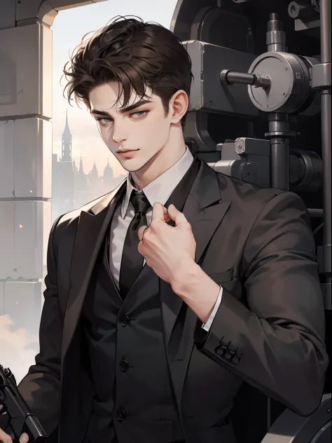 masterpiece, best quality, realistic, 1man, mature male, quiet and charming young man, 25 years old, close his eyes, serious, closed mouth, extremely detailed face, cold, ((dark grey eyes)), ((short-right-swept dark brown hair)), [thick eyebrows], mafia, (...