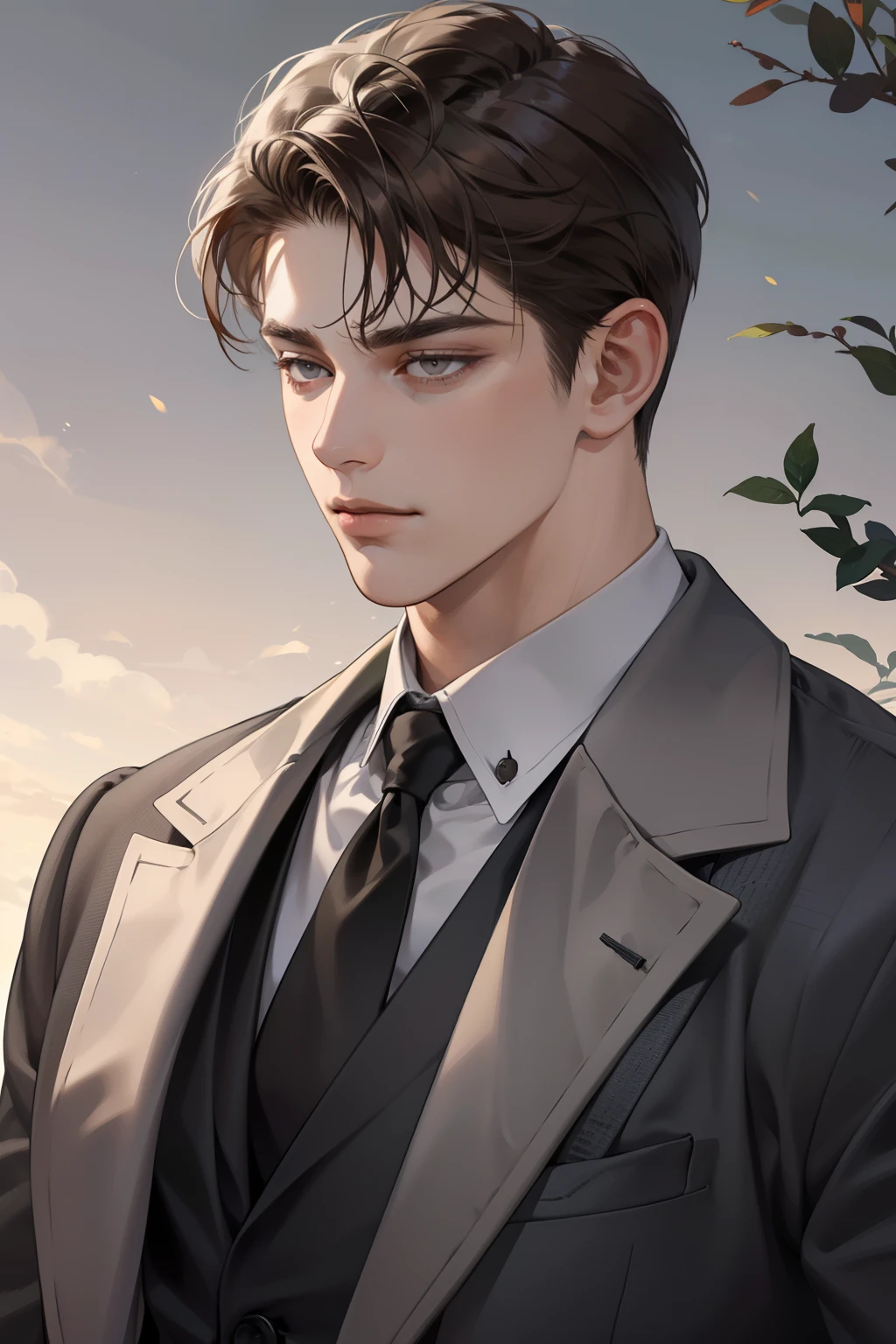 masterpiece, best quality, realistic, 1man, mature male, quiet and charming young man, 25 years old, close his eyes, serious, closed mouth, extremely detailed face, cold, ((dark grey eyes)), ((short-right-swept dark brown hair)), [thick eyebrows], (mafia), ((black suit)), accurate, detailed