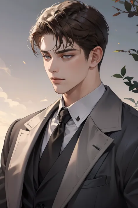 masterpiece, best quality, realistic, 1man, mature male, quiet and charming young man, 25 years old, close his eyes, serious, closed mouth, extremely detailed face, cold, ((dark grey eyes)), ((short-right-swept dark brown hair)), [thick eyebrows], (mafia),...
