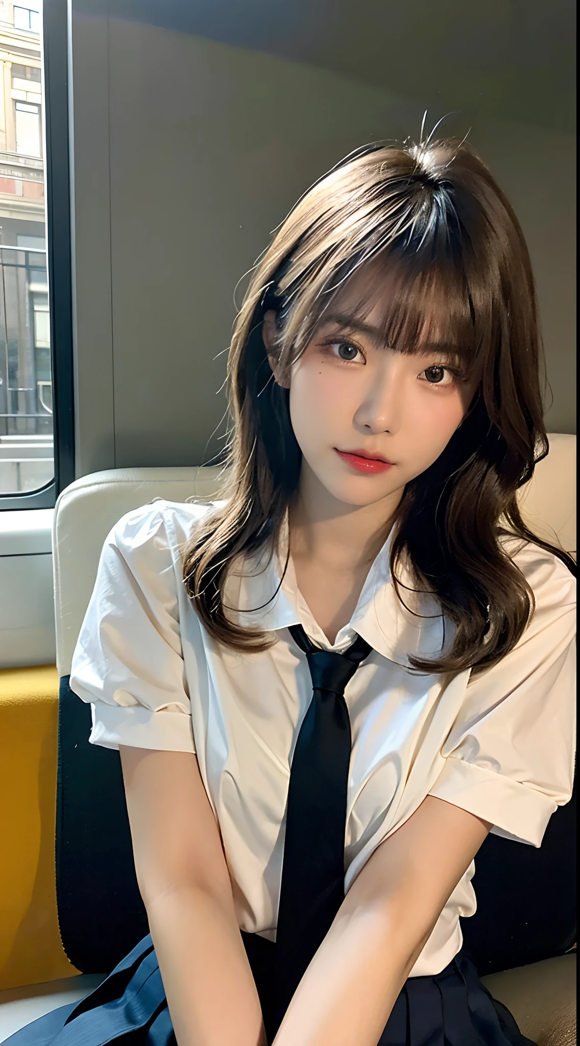 (masterpiece, bestquality:1.2), 10, 15 me, 85 mm., official art, RAW photo, Absurd, white blouse, pretty face, Up Close, Upper body, Violaceaess, Gardenia, beautiful girl, , (Navy pleated skirt:1.1), Curly waist, thights, short sleeves, In the train, Sit on the bench seat.........., looking at the audience, no makeup, (smile:0.4), grain of film, Chromatic aberration, crisp focus, face lights, Clear lighting, adolescent, detailed face, Bokeh background, (Dark red tie:1.1)