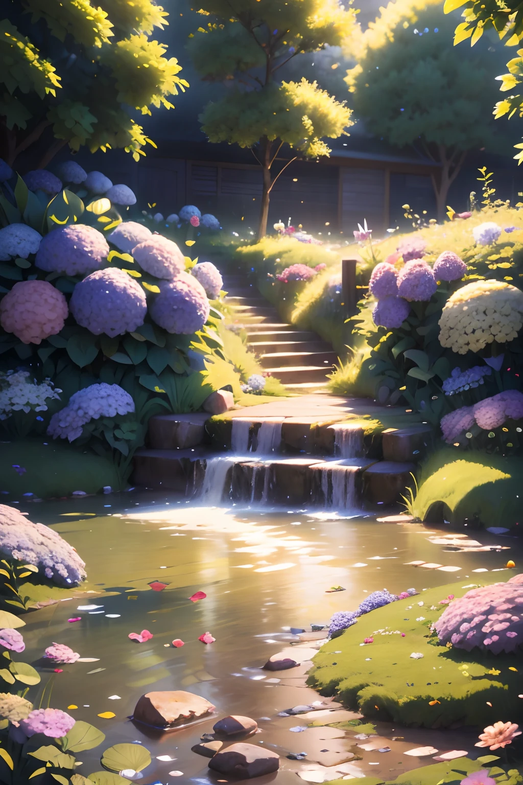 hydrangeas, park, Lake, Small hills, Pebble path,anime big breast, Masterpiece, Best quality, Anatomically correct, High details, 8K, the wallpaper