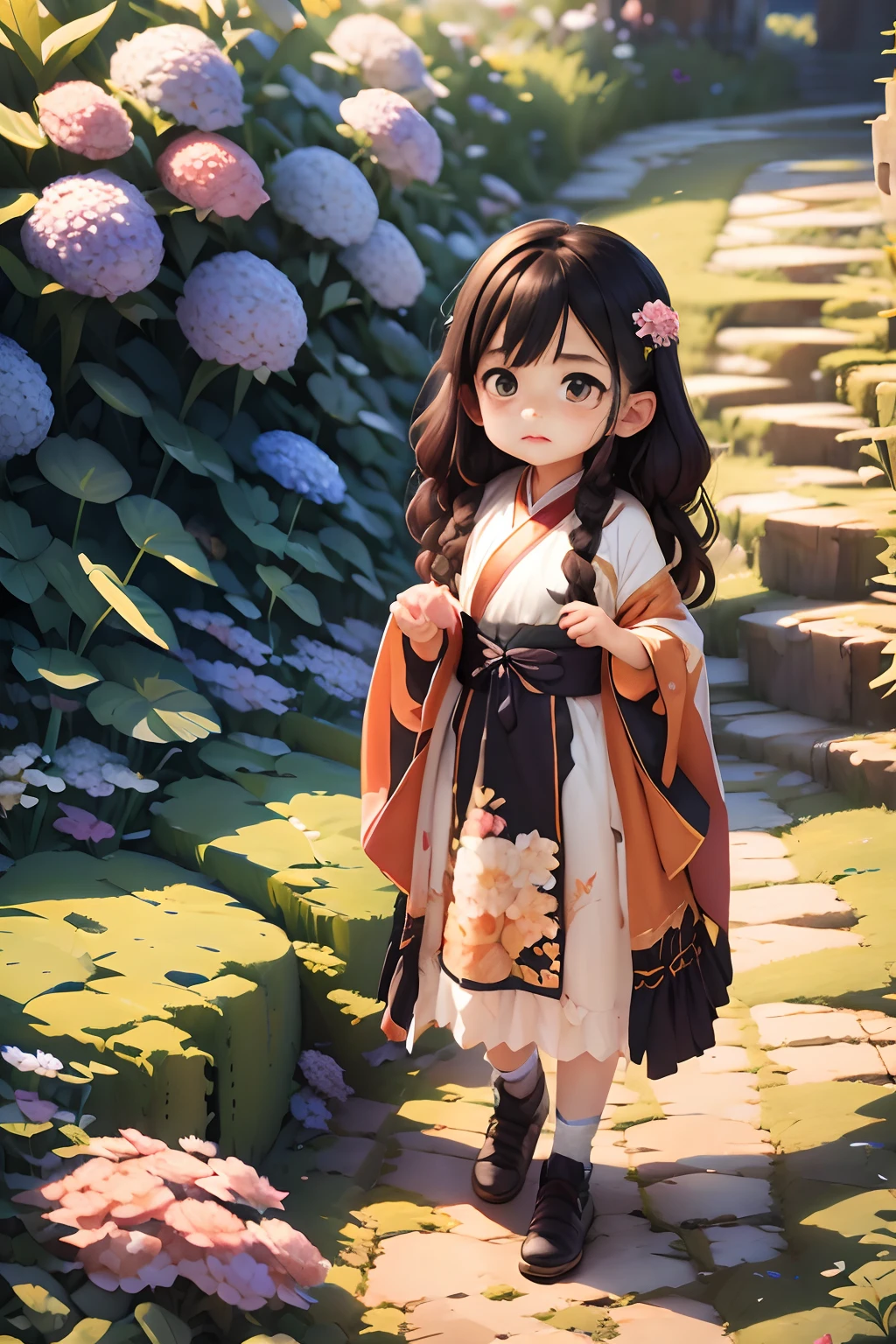 hydrangeas, Hanfu，for 6 years old，girl，park, Lake, Small hills, Pebble path,anime big breast, Masterpiece, Best quality, Anatomically correct, High details, 8K, the wallpaper