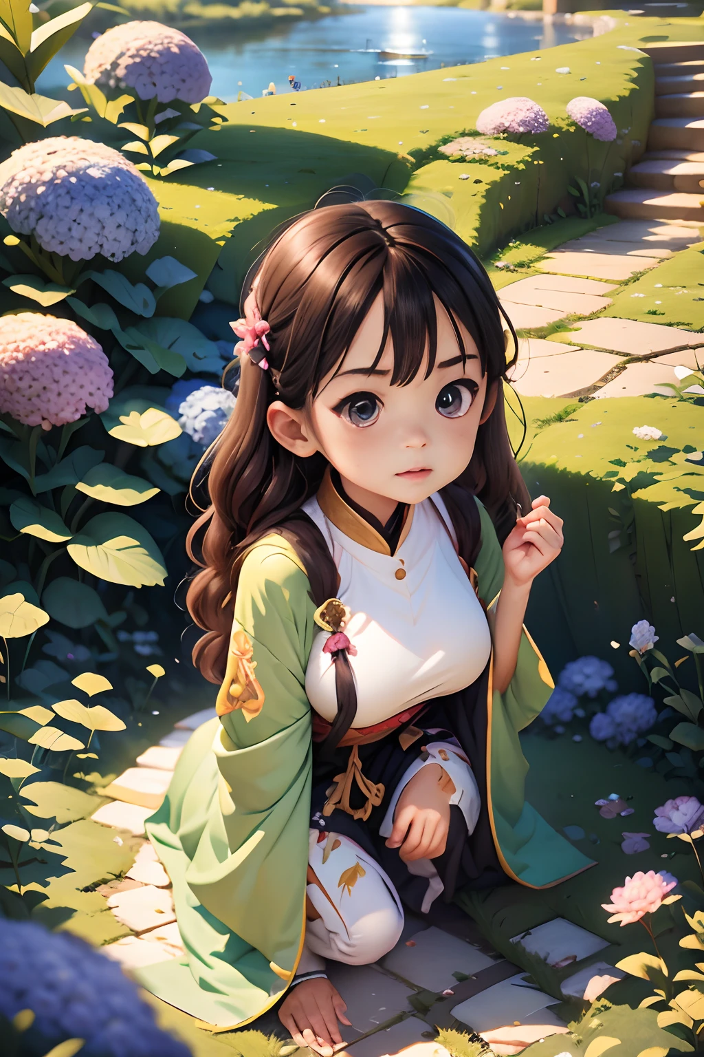 hydrangeas, hanfu，para ，chica，parque, lago, pequeñas colinas, camino de guijarros,anime pecho grande, obra maestra, mejor calidad, anatómicamente correcto, detalles altos, 8K, el fondo de pantalla