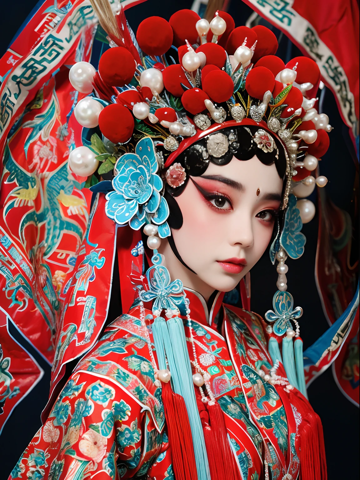 8K，Portrait Photogram，movie picture quality，。1 rapariga， CNOperaCrown， From the front， looking at viewert， Beautiful makeup，Exquisite headdress。Traditional Chinese Peking Opera，Intangible cultural heritage，Traditional Peking Opera。 （（（CNOperaFlag）））， The flag is from behind，The upper part of the body，Gorgeous costumes， pearls，nipple tassels。Chinese red，cloisonne