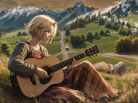 On a green hill overlooking the Alps, a woman playing acoustic guitar. short blonde hair, Children feel at home listening to her...