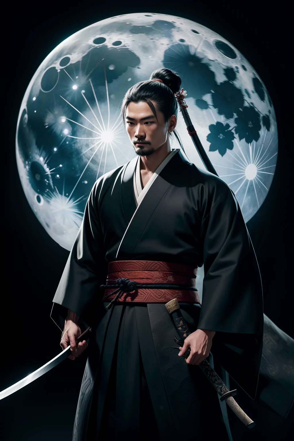 A samurai assassin standing in a moonlit garden, expertly wielding a katana with deadly precision. The assassin's eyes glimmer with determination and focus, while his lips are set in a determined line. The samurai's face is intricately detailed, capturing every contour and expression. He wears a traditional kimono, adorned with intricate patterns and symbols of his clan.

The artwork is created in a medium reminiscent of Japanese ink wash paintings, with bold brushstrokes and a monochromatic color palette. The artist's masterful technique brings out the intensity and power of the samurai's presence.

The garden surrounding the samurai is meticulously designed, with lush greenery and delicate cherry blossom trees. A full moon shines brightly in the night sky, casting a soft glow on the scene and illuminating the assassin's path. The atmosphere is filled with an air of mystery and danger, adding to the tension of the moment.

The image is of the highest quality, with every detail captured flawlessly in ultra-high resolution. The textures on the kimono and the intricate patterns are rendered with extreme precision. The lighting is carefully crafted to enhance the dramatic effect, with deep shadows and subtle highlights.

Overall, the artwork exudes a sense of elegance and power, combining traditional Japanese aesthetics with a touch of modernity. The monochromatic color palette, combined with the exquisite details, creates a captivating and immersive experience for the viewer.