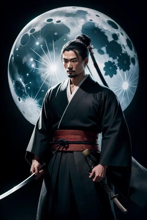 A samurai assassin standing in a moonlit garden, expertly wielding a katana with deadly precision. The assassin's eyes glimmer w...