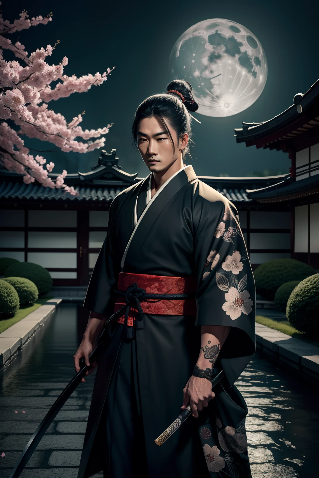 A samurai assassin standing in a moonlit garden, expertly wielding a katana with deadly precision. The assassin's eyes glimmer with determination and focus, while his lips are set in a determined line. The samurai's face is intricately detailed, capturing every contour and expression. He wears a traditional kimono, adorned with intricate patterns and symbols of his clan.

The artwork is created in a medium reminiscent of Japanese ink wash paintings, with bold brushstrokes and a monochromatic color palette. The artist's masterful technique brings out the intensity and power of the samurai's presence.

The garden surrounding the samurai is meticulously designed, with lush greenery and delicate cherry blossom trees. A full moon shines brightly in the night sky, casting a soft glow on the scene and illuminating the assassin's path. The atmosphere is filled with an air of mystery and danger, adding to the tension of the moment.

The image is of the highest quality, with every detail captured flawlessly in ultra-high resolution. The textures on the kimono and the intricate patterns are rendered with extreme precision. The lighting is carefully crafted to enhance the dramatic effect, with deep shadows and subtle highlights.

Overall, the artwork exudes a sense of elegance and power, combining traditional Japanese aesthetics with a touch of modernity. The monochromatic color palette, combined with the exquisite details, creates a captivating and immersive experience for the viewer.