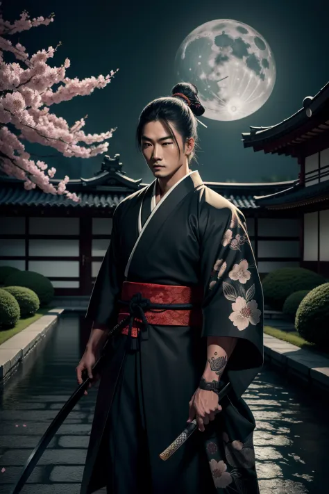 a samurai assassin standing in a moonlit garden, expertly wielding a katana with deadly precision. the assassin's eyes glimmer w...