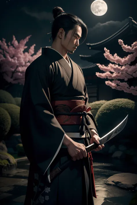 A samurai assassin standing in a moonlit garden, expertly wielding a katana with deadly precision. The assassin's eyes glimmer w...