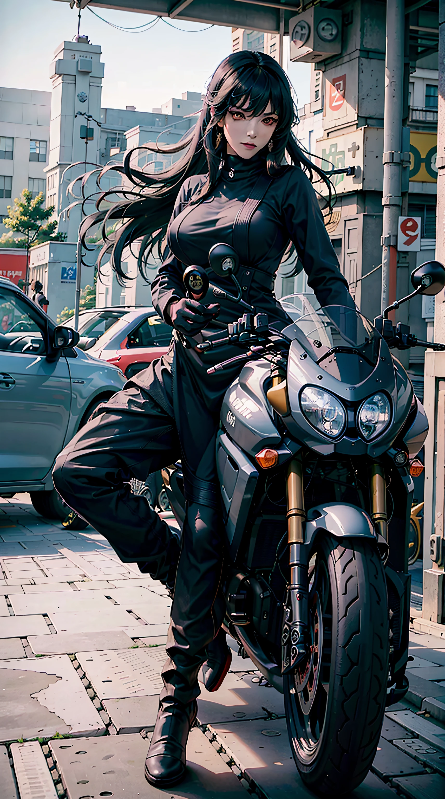 yhmotorbike, aayorf, red eyes, black hair, long hair, bangs, beauty, beautiful woman, perfect body, perfect breasts, riding a sports motorbike, black motorbike, wearing racing boots, wearing gloves, racing overalls, racing wearpack, being in parking area, gas station, looking at the viewer, realism, slight smile, masterpiece, leather textured, super detailed, high detail, high quality, best quality, 1080p, 16k