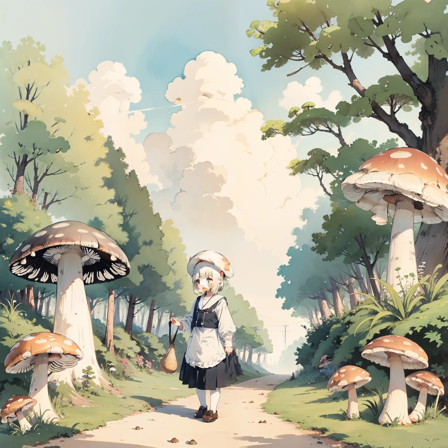 Watercolor illustration, Perfect anatomy, Masterpiece, Best quality, 1girll, Loli,elementary student， Solo, (with short white hair:1.2), Very many mushrooms，Huge mushrooms，Mushrooms penetrate the sky，Nature, landscape