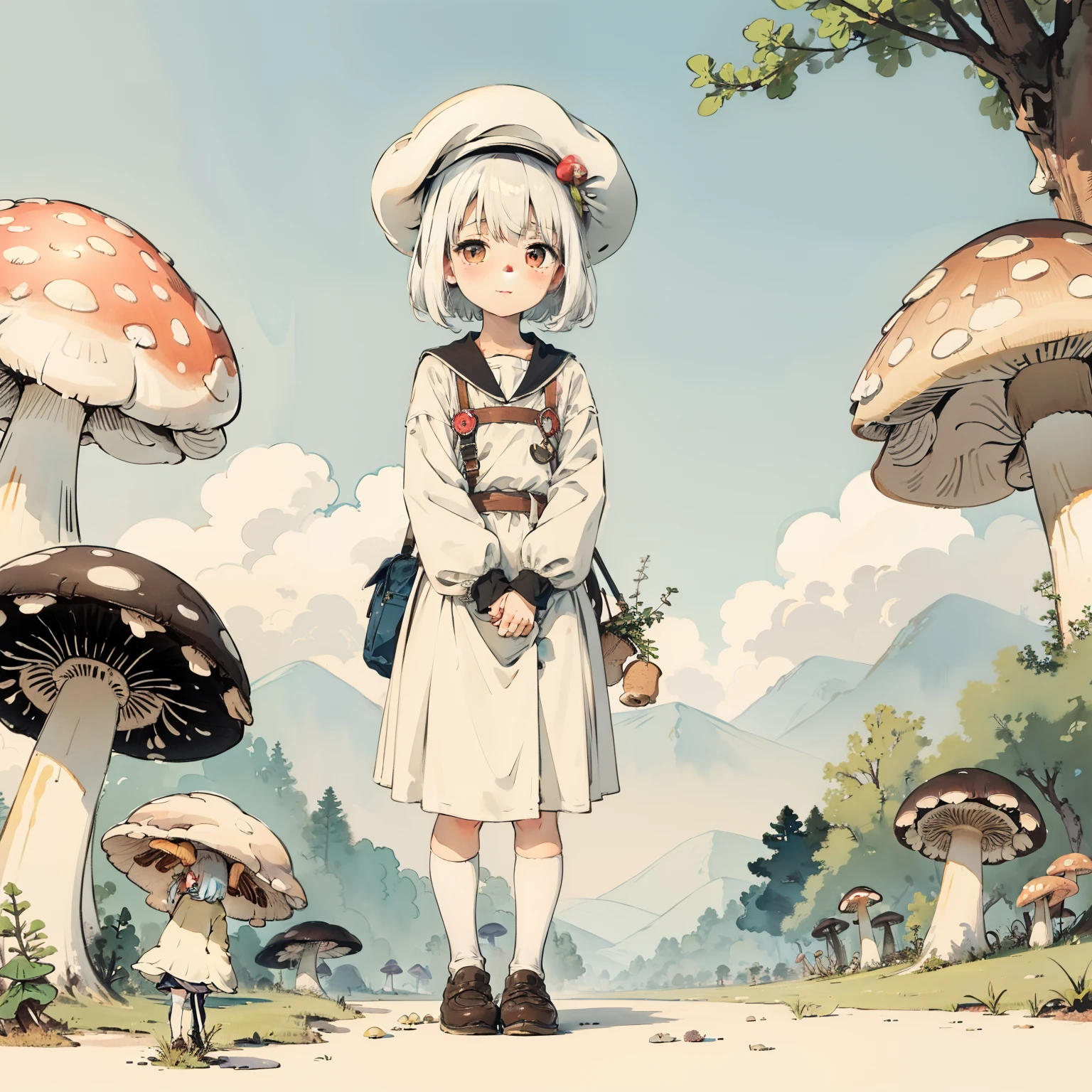 Watercolor illustration, Perfect anatomy, Masterpiece, Best quality, 1girll, Loli,elementary student， Solo, (with short white hair:1.2), Very many mushrooms，Huge mushrooms，Mushrooms penetrate the sky，Nature, landscape