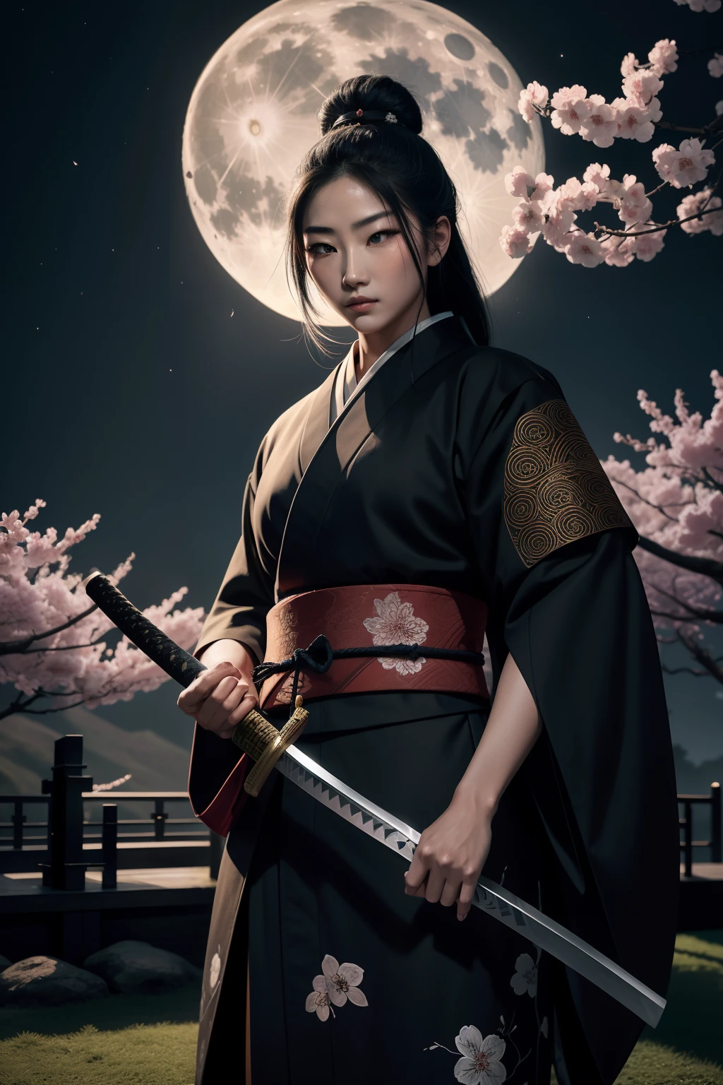 Un asesino samurai de pie en un jardín iluminado por la luna, Manejando expertamente una katana con una precisión mortal. Los ojos del asesino brillan con determinación y enfoque, mientras tus labios están colocados en una cierta línea. La cara del samurai es intrínsecamente detallada, Capturar cada contorno y expresión. Ela usa um quimono tradicional, adornado con intrincados patrones y símbolos de su clan.

La obra de arte está creada en un medio que recuerda a las pinturas japonesas de tinta.., con pinceladas audaces y una paleta de colores monocromática. La técnica magistral del artista resalta la intensidad y el poder de la presencia del samurai.

El jardín alrededor del samurai está meticulosamente diseñado, con exuberante vegetación y delicadas flores de cerezo. Una luna llena brilla intensamente en el cielo nocturno, proyectando un suave resplandor en la escena e iluminando el camino del asesino. La atmósfera está llena de un aire de misterio y peligro., Añadiendo a la tensión del momento.

La imagen es de la más alta calidad., con cada detalle capturado sin problemas en resolución ultra alta. Las texturas del kimono y los intrincados patrones se representan con extrema precisión.. La iluminación está cuidadosamente diseñada para realzar el efecto dramático., con sombras profundas y reflejos sutiles.

General, La obra de arte emana una sensación de elegancia y poder., combinando la estética tradicional japonesa con un toque de modernidad. La paleta de colores monocromática, combinado con detalles exquisitos, crea una experiencia cautivadora e inmersiva para el espectador.