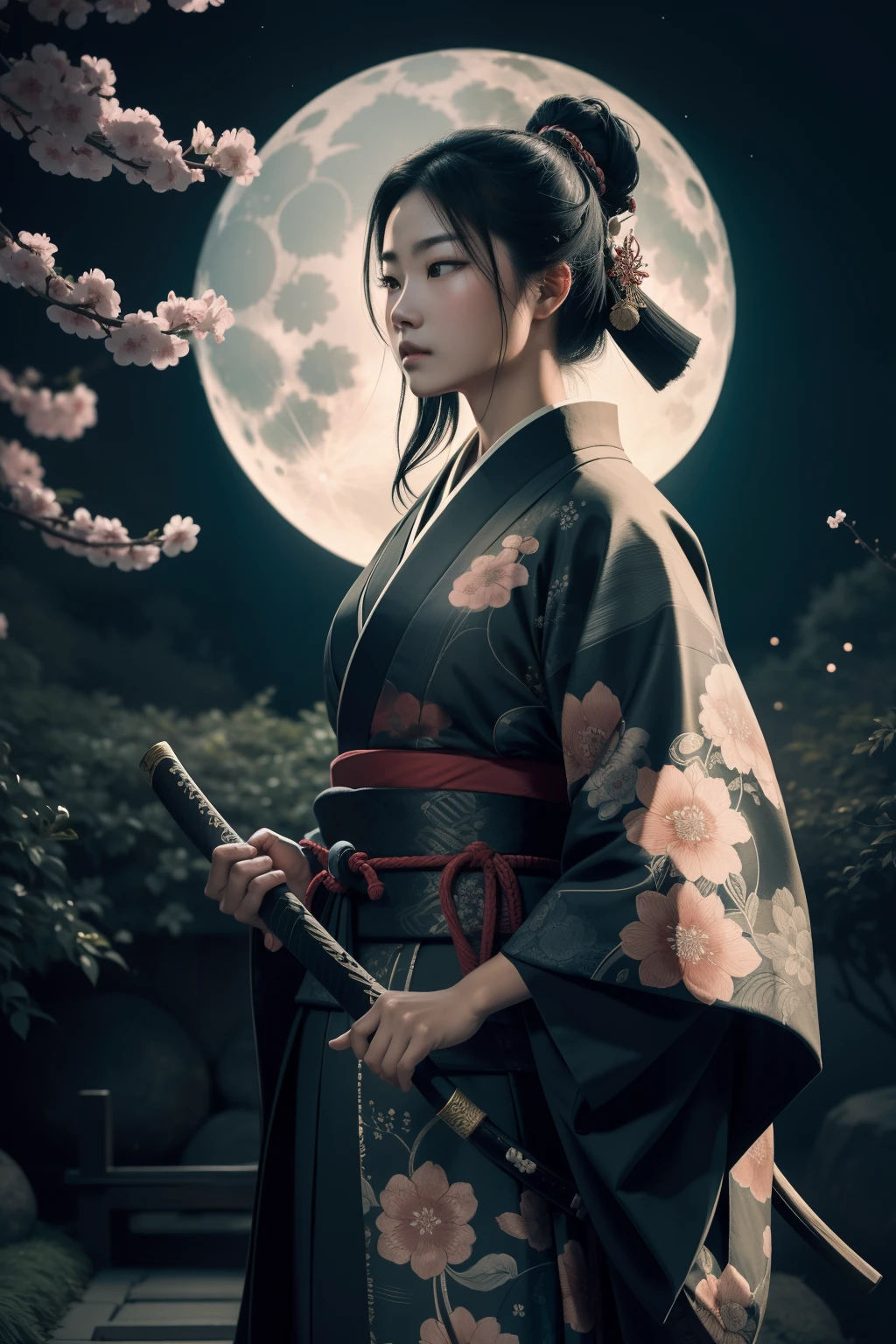 Un asesino samurai de pie en un jardín iluminado por la luna, Manejando expertamente una katana con una precisión mortal. Los ojos del asesino brillan con determinación y enfoque, mientras tus labios están colocados en una cierta línea. La cara del samurai es intrínsecamente detallada, Capturar cada contorno y expresión. Ela usa um quimono tradicional, adornado con intrincados patrones y símbolos de su clan.

La obra de arte está creada en un medio que recuerda a las pinturas japonesas de tinta.., con pinceladas audaces y una paleta de colores monocromática. La técnica magistral del artista resalta la intensidad y el poder de la presencia del samurai.

El jardín alrededor del samurai está meticulosamente diseñado, con exuberante vegetación y delicadas flores de cerezo. Una luna llena brilla intensamente en el cielo nocturno, proyectando un suave resplandor en la escena e iluminando el camino del asesino. La atmósfera está llena de un aire de misterio y peligro., Añadiendo a la tensión del momento.

La imagen es de la más alta calidad., con cada detalle capturado sin problemas en resolución ultra alta. Las texturas del kimono y los intrincados patrones se representan con extrema precisión.. La iluminación está cuidadosamente diseñada para realzar el efecto dramático., con sombras profundas y reflejos sutiles.

General, La obra de arte emana una sensación de elegancia y poder., combinando la estética tradicional japonesa con un toque de modernidad. La paleta de colores monocromática, combinado con detalles exquisitos, crea una experiencia cautivadora e inmersiva para el espectador.