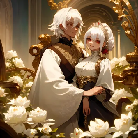 (masterpiece, best quality),1girl with white hair,royal,lady, warm lighting,smile,villain