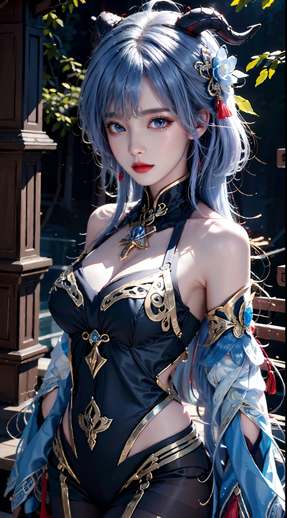 photorealistic, high resolution,masterpiece,best quality,ultra-detailed, 1women, hips up, blue eyes, ahoge, architecture, bangs, bare shoulders, bell, black gloves, black pantyhose, (blue hair), blush, breasts, chinese knot, detached sleeves, east asian architecture, flower knot, gloves, horns, long hair, medium breasts, neck bell, night, outdoors, pantyhose, purple eyes, tassel, white sleeves , intricate,