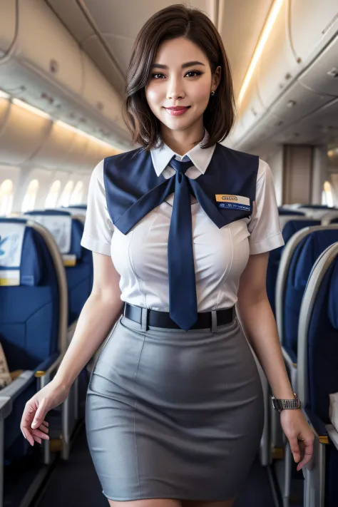 1womanl, 40 years、hyperdetailed face、Detailed lips、A detailed eye、二重まぶた、(Black bob hair、Smiling as you walk slowly down the aisle)、(Stewardess uniform:1.2)、(Glamorous body)、(Colossal tits)、thighs thighs thighs thighs, Perfect fit, Perfect image realism, Ba...