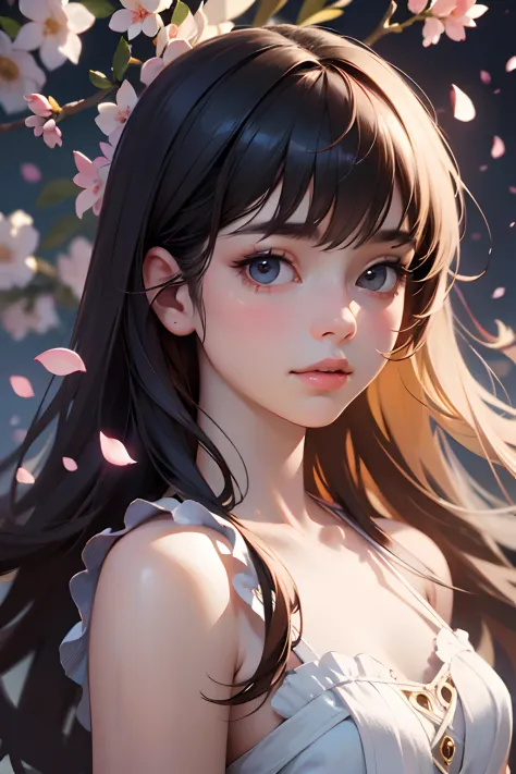 (best quality, masterpiece, ultra-realistic), 1 beautiful and delicate portrait of a girl, playful and cute, with floating petal...