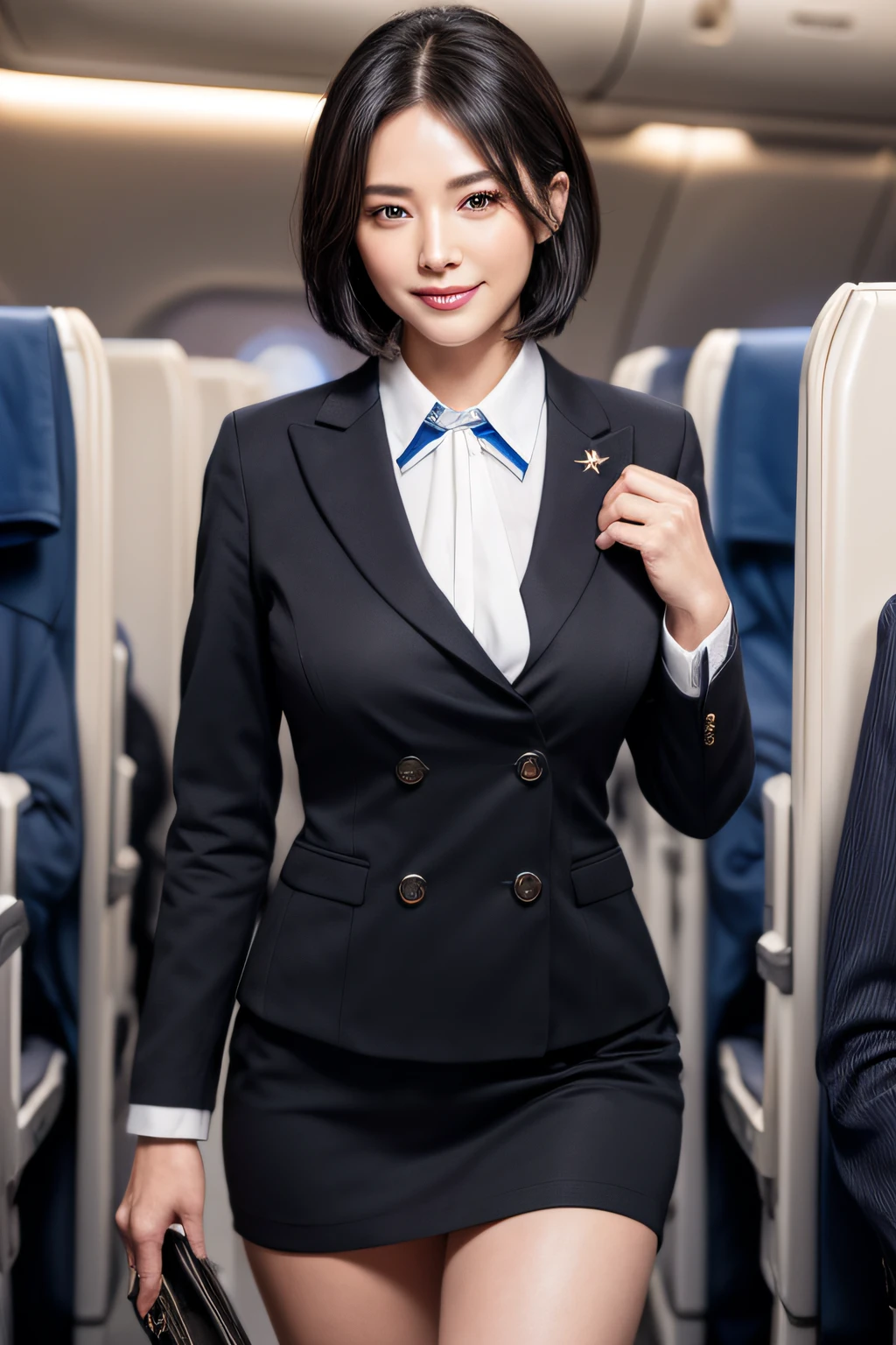1womanl, 40 years、hyperdetailed face、Detailed lips、A detailed eye、double eyelid、(Black bob hair、Smiling as you walk slowly down the aisle)、(Stewardess uniform:1.2)、(Glamorous body)、(Colossal tits)、thighs thighs thighs thighs, Perfect fit, Perfect image realism, Background with: (Business Class aisle on airplanes:1.2), Cowboy Shot, Meticulous background with, detailed costume, Perfect litthing、Hyper-Realism、(Photorealsitic:1.4)、8K maximum resolution, (​masterpiece), ighly detailed, Professional