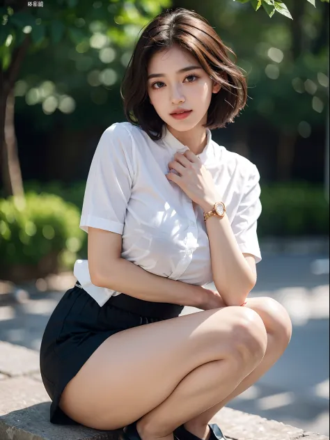 NSFW, 8k RAW photo, top-quality, ​masterpiece, 超A high resolution, film grains, filmg, 1girl in, looking at the viewers, natural skin textures, realistic eyes and face details, Full lips,, Fluffy short hair, hair messy, A smile, closes mouth, Beautiful leg...